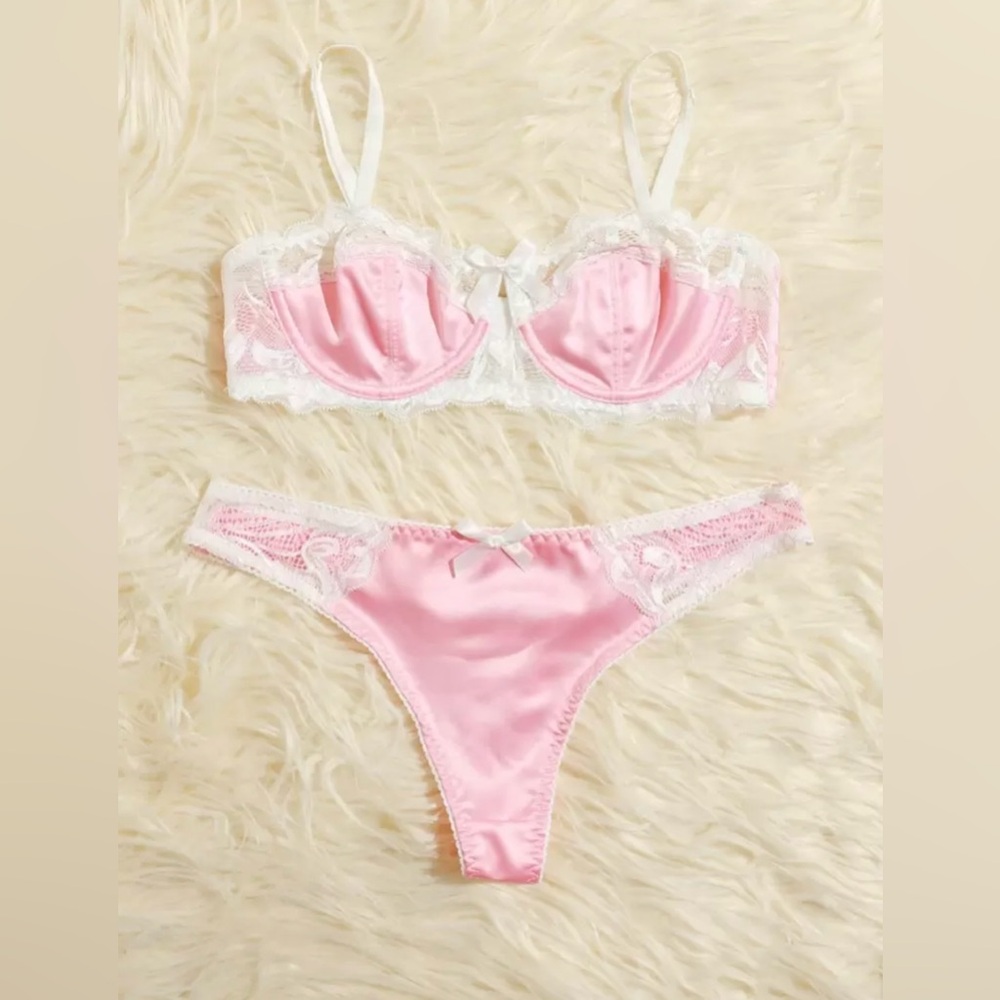 Pink & White Floral Lace Bow Knot Underwire Thong Satin Lingerie Set M